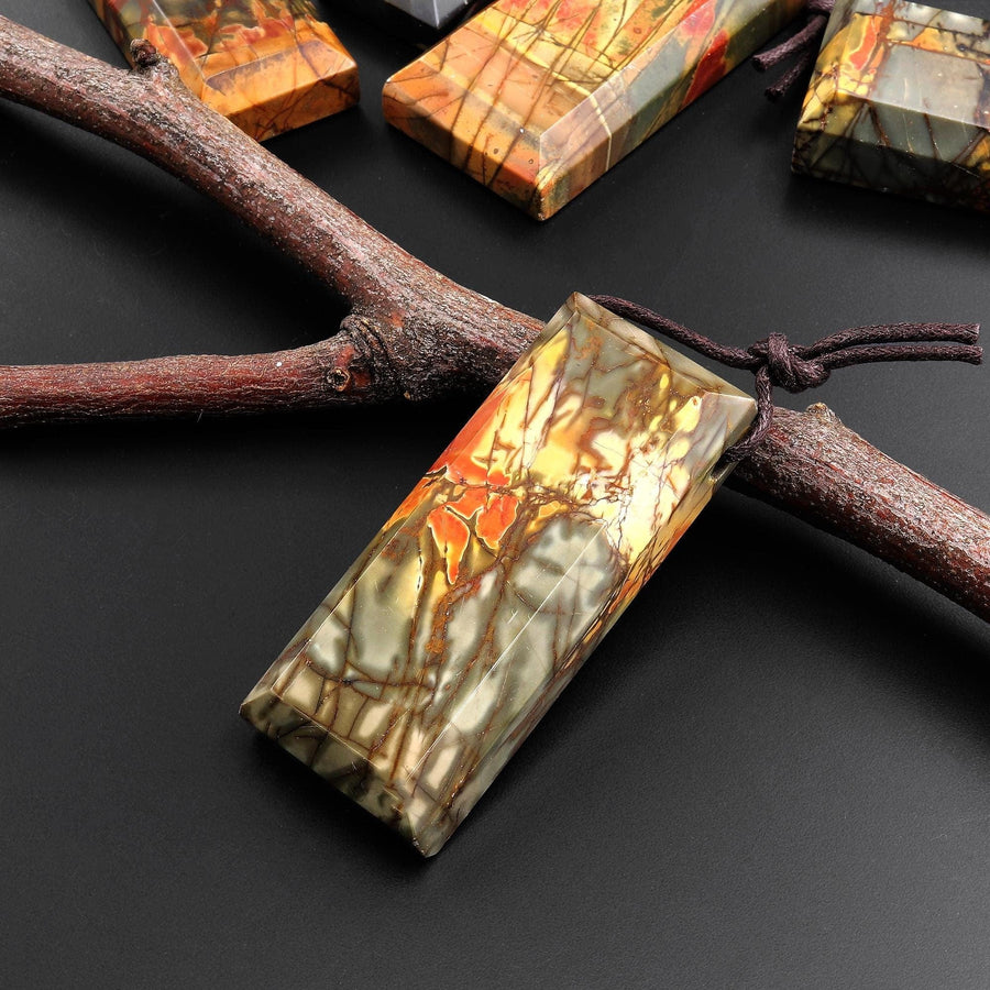 Natural Red Creek Jasper Rectangle Tile Pendant Mahjong Style Faceted Edges Aka Multicolor Picasso Jasper