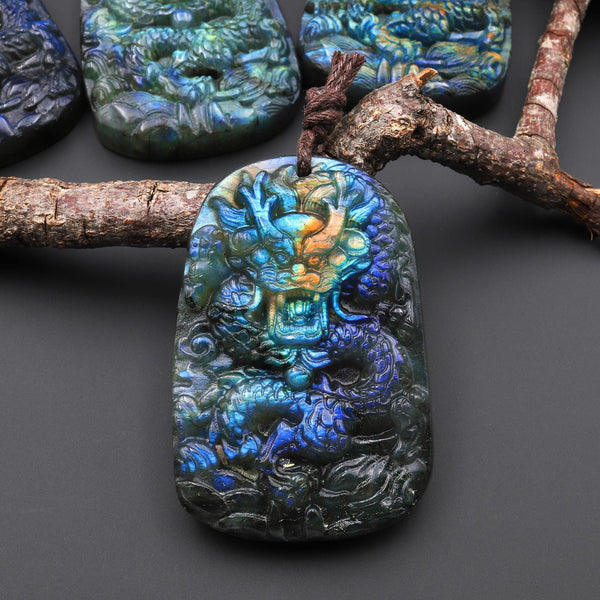 AAA Hand Carved Natural Blue Labradorite Dragon Pendant Gemstone Focal Bead A2