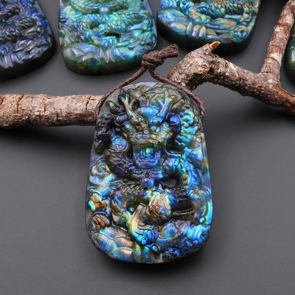 AAA Hand Carved Natural Blue Labradorite Dragon Pendant Gemstone Focal Bead A4
