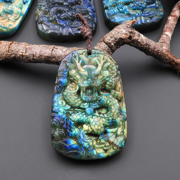 AAA Hand Carved Natural Blue Labradorite Dragon Pendant Gemstone Focal Bead A5