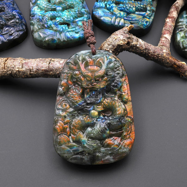 AAA Hand Carved Natural Red Labradorite Dragon Pendant Gemstone Focal Bead A6