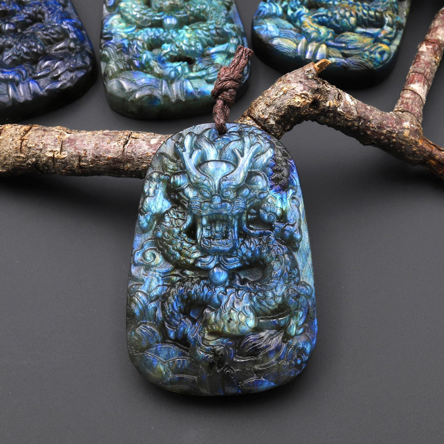 AAA Hand Carved Natural Blue Labradorite Dragon Pendant Gemstone Focal Bead A8