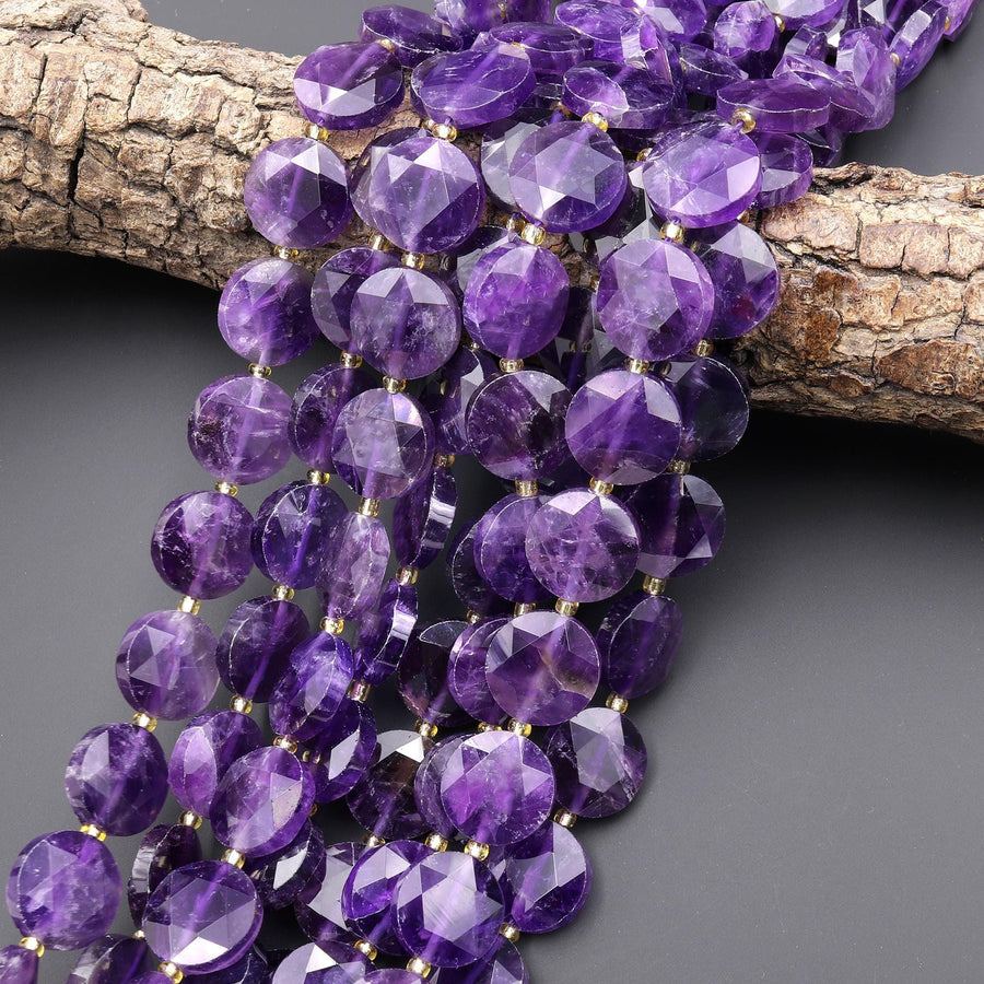 AAA Faceted Natural Purple Amethyst Coin Beads 15mm 15.5" Strand