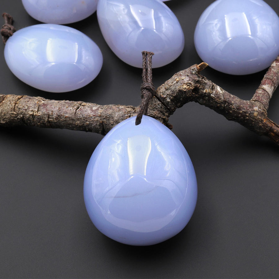 Natural Blue Chalcedony Teardrop Pear Pendant Focal Bead Drilled Gemstone