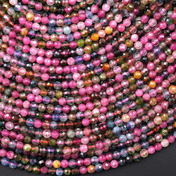 AAA Faceted Natural Tourmaline 3mm Round Beads Pink Green Blue Golden Yellow Gemstone 15.5" Strand