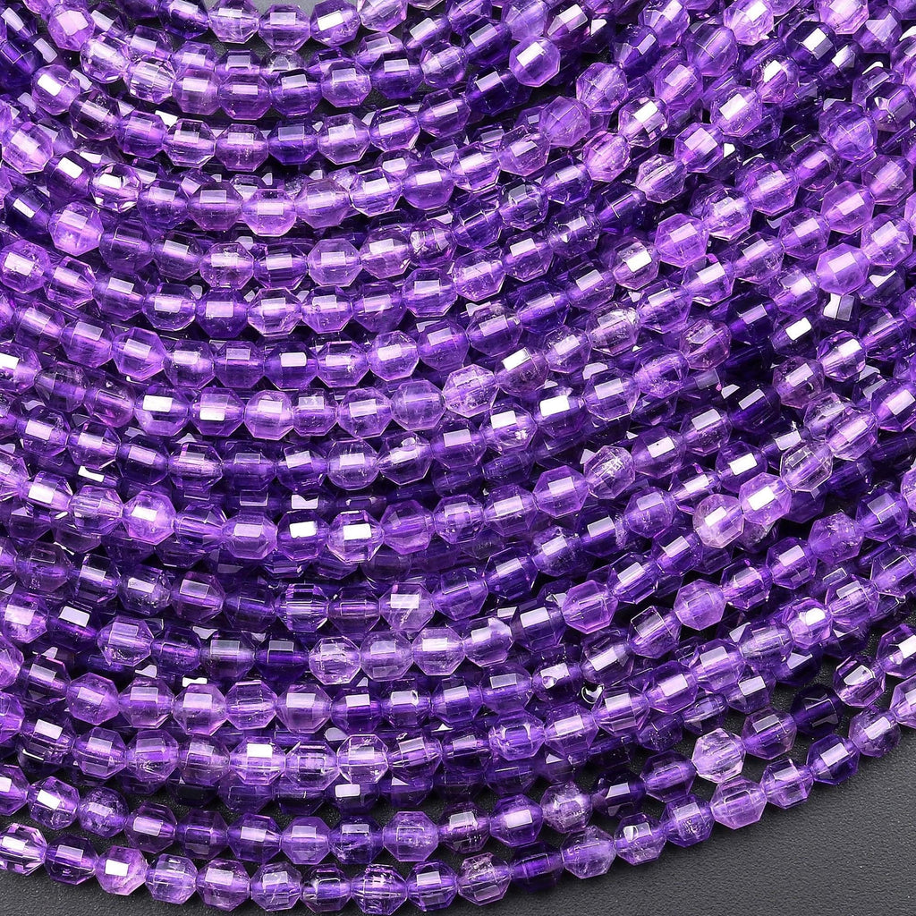 AAA Faceted Natural Purple Amethyst 3mm 4mm Beads Energy Prism Double Point Shape 15.5" Strand