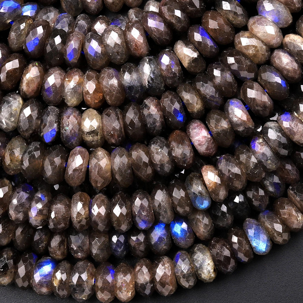 Rare Natural Chocolate Labradorite Faceted Rondelle Beads 6mm 7mm 8mm 10mm Blue Flashes 15.5" Strand