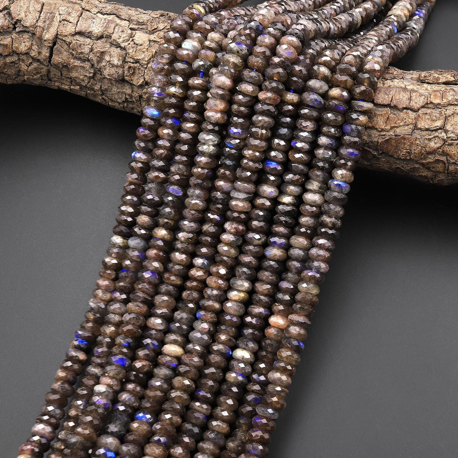 Rare Natural Chocolate Labradorite Faceted Rondelle Beads 6mm 7mm 8mm 10mm Blue Flashes 15.5" Strand