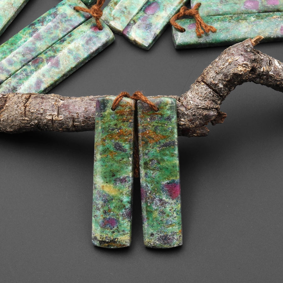 Natural Red Ruby Green Fuchsite Rectangle Earring Pair Matched Gemstone Beads