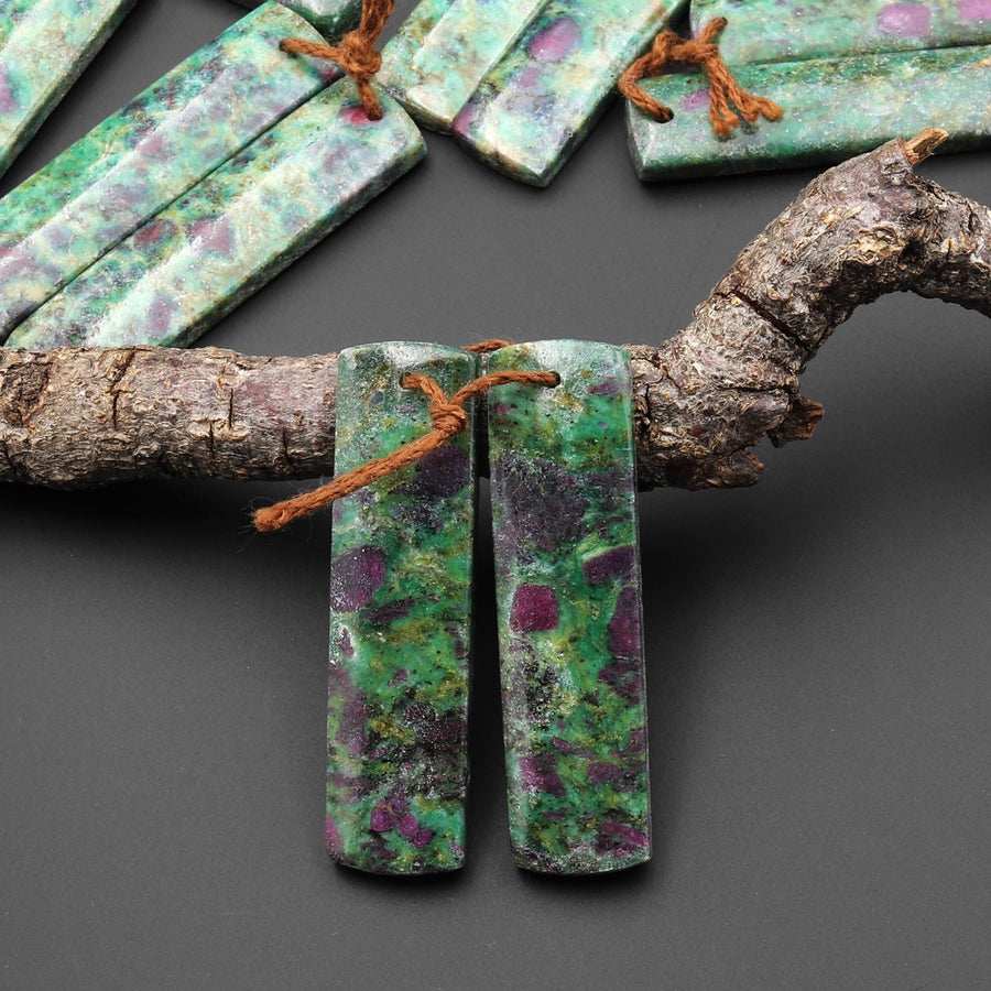 Natural Red Ruby Green Fuchsite Rectangle Earring Pair Matched Gemstone Beads