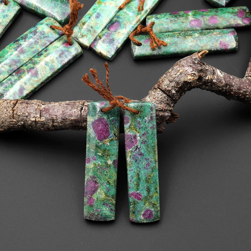 Natural Red Ruby Green Fuchsite Rectangle Earring Pair Matched Gemstone Beads