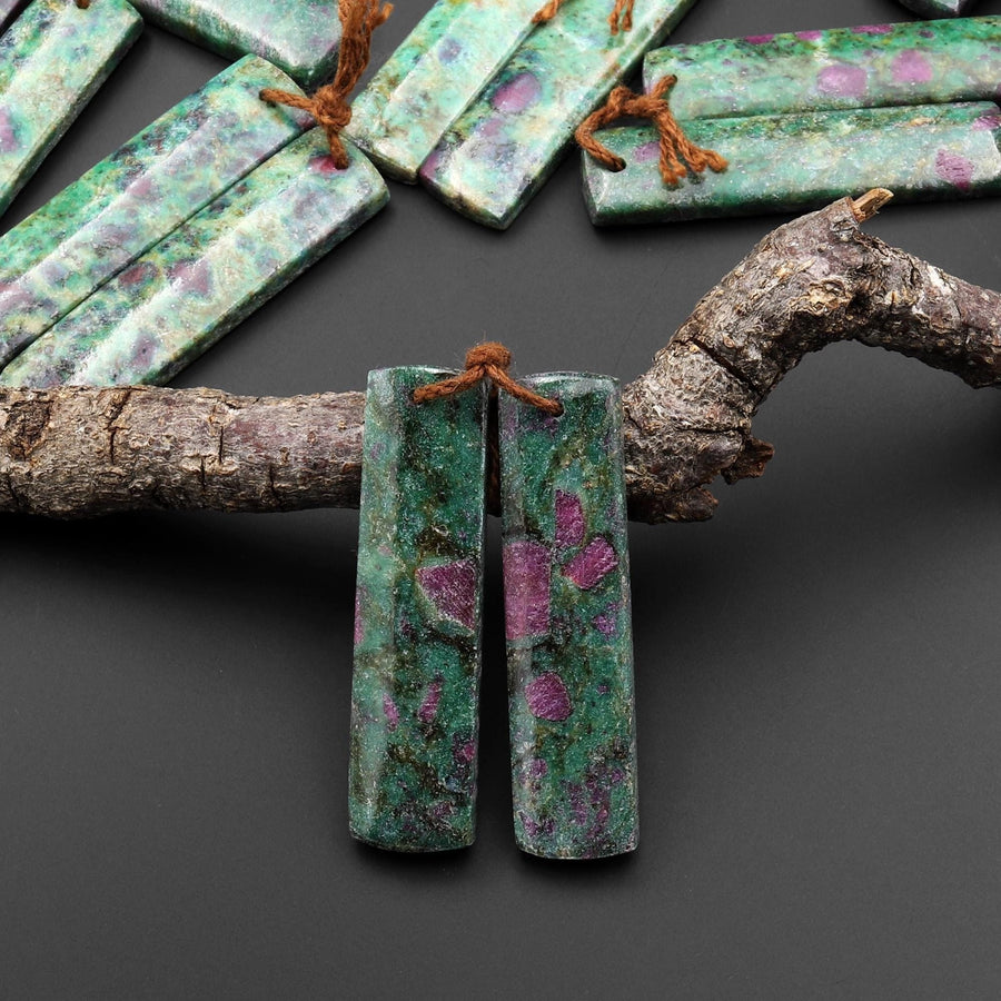 Natural Red Ruby Green Fuchsite Rectangle Earring Pair Matched Gemstone Beads A7