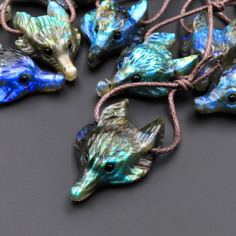 Natural Labradorite Gemstone Wolf Head Side Drilled Crystal Pendant Bead A11