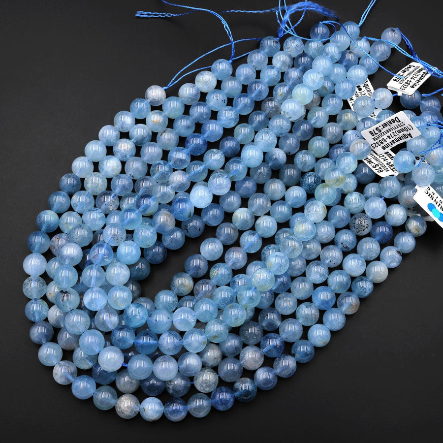 Natural Blue Santa Maria Aquamarine 10mm Smooth Round Beads Gemstone 15.5" Strand