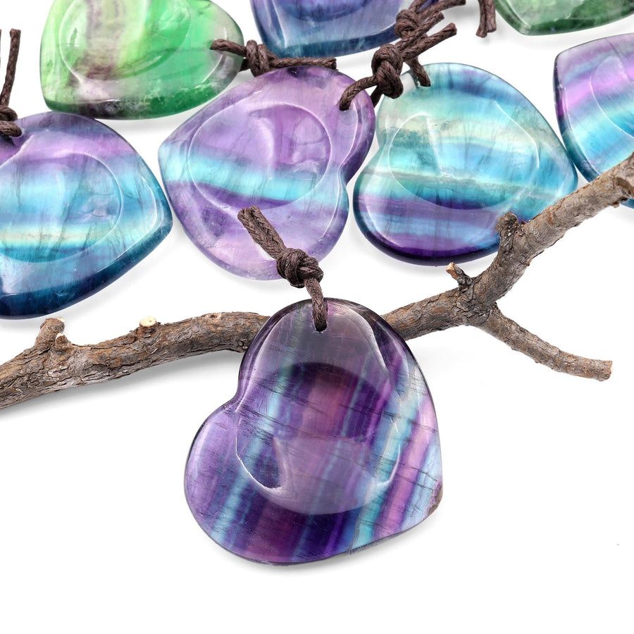 AAA Natural Rainbow Fluorite Indented Heart Pendant Focal Worry Stone