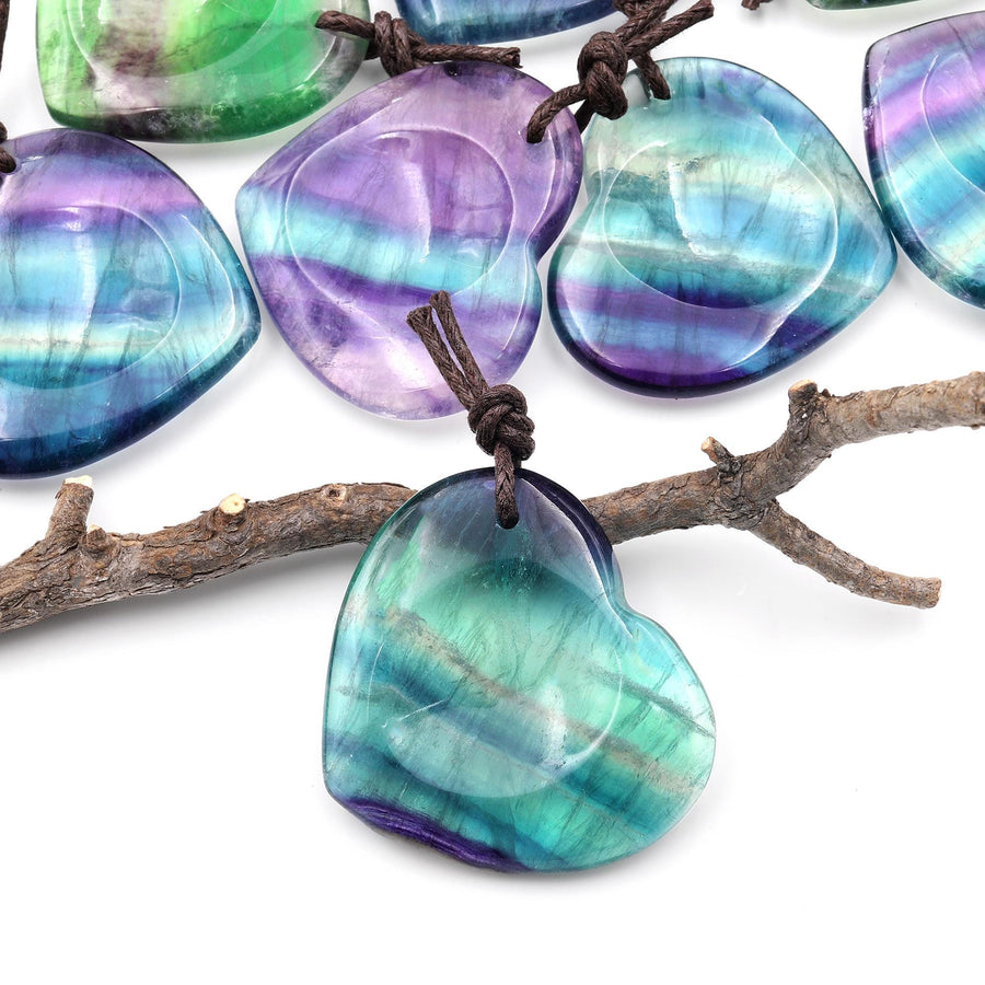 AAA Natural Rainbow Fluorite Indented Heart Pendant Focal Worry Stone