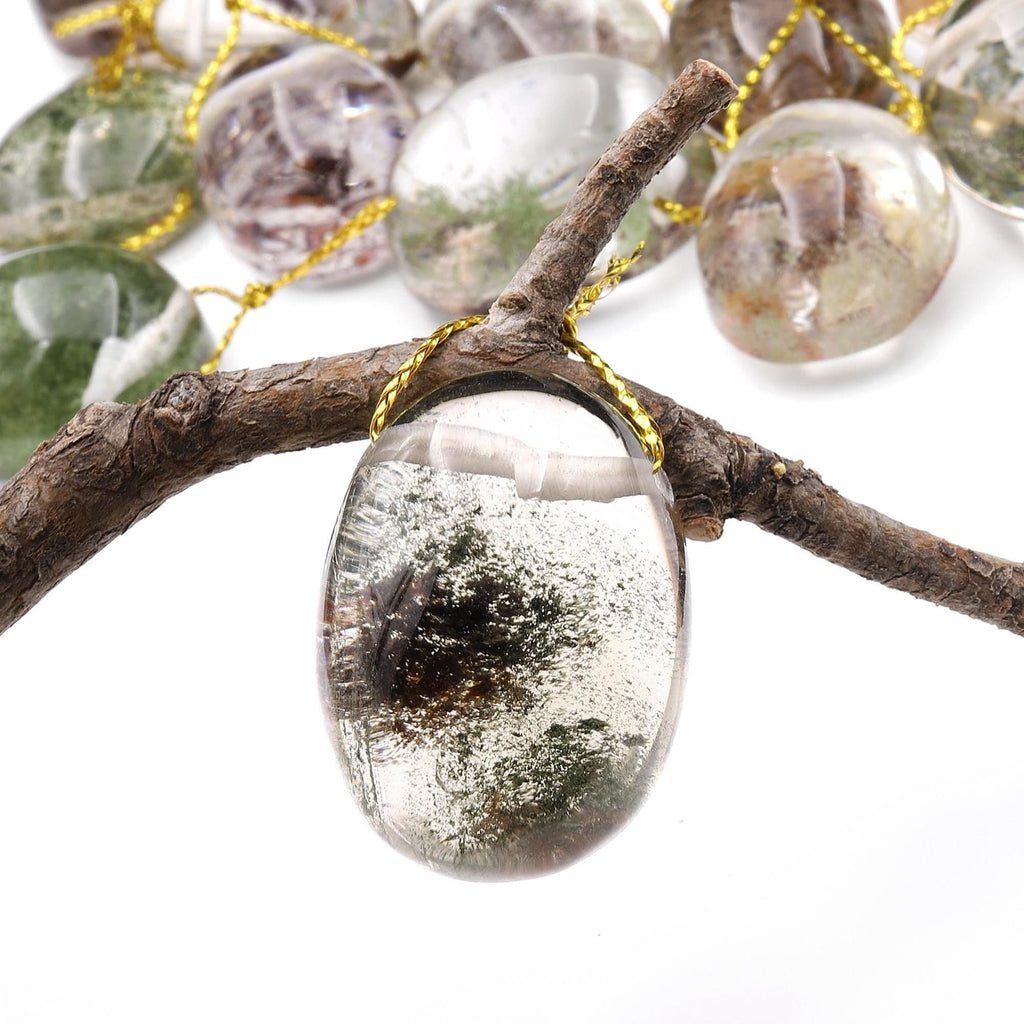 Natural Lodalite Phantom Quartz Puffy Oval Pendant Side Drilled Gemstone Focal Bead A1