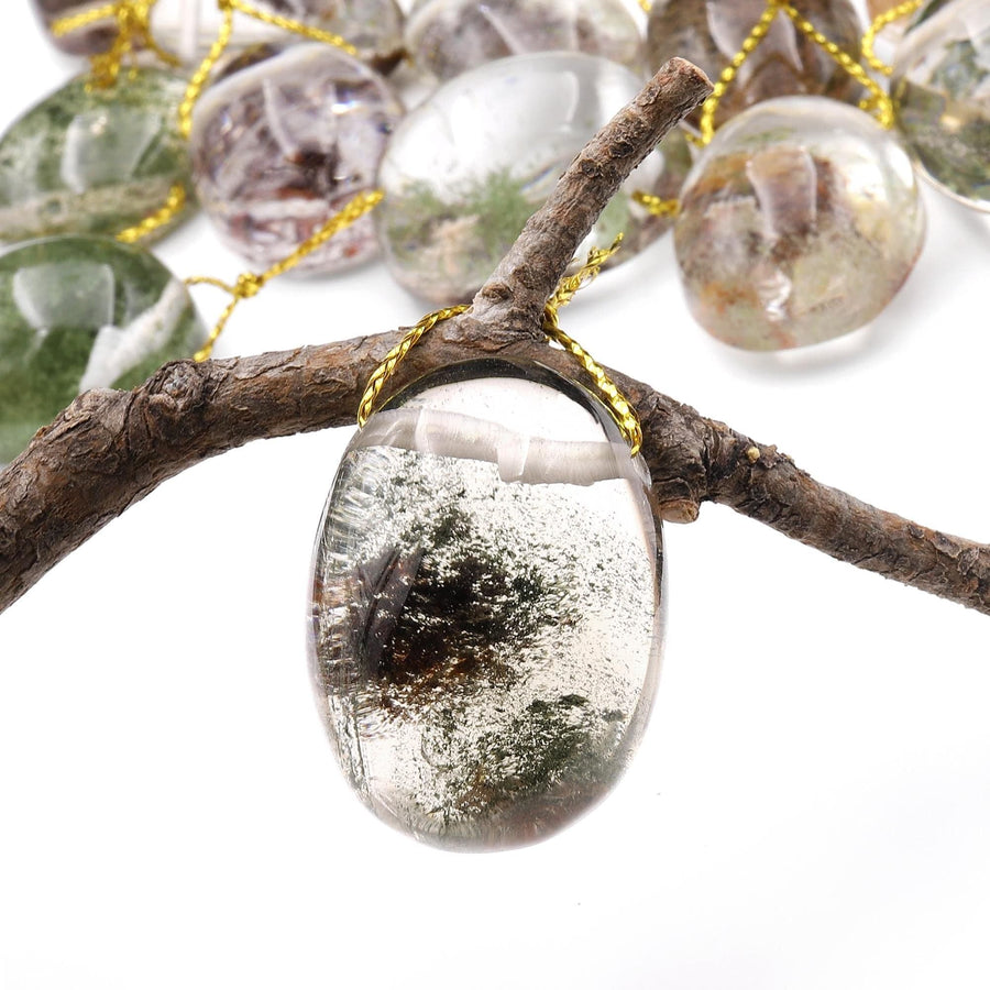 Natural Lodalite Phantom Quartz Puffy Oval Pendant Side Drilled Gemstone Focal Bead A1
