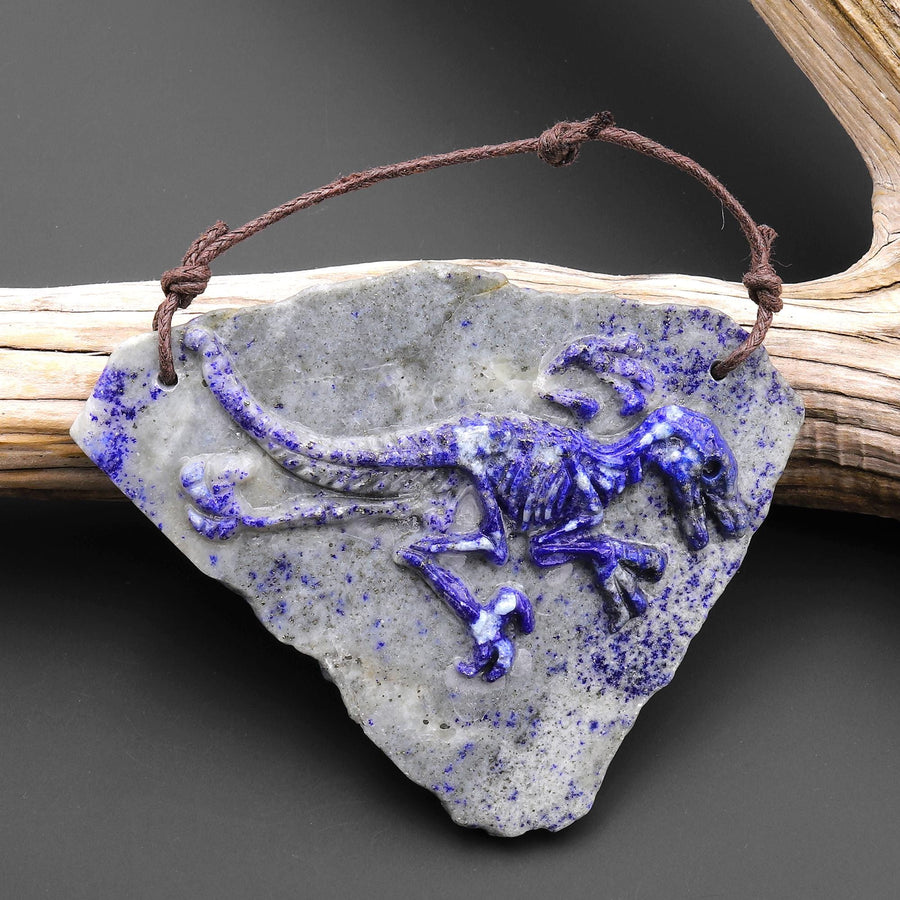 Hand Carved One-of-Kind Natural Blue Lapis Dinosaur Dragon 2 Hole Pendant A2