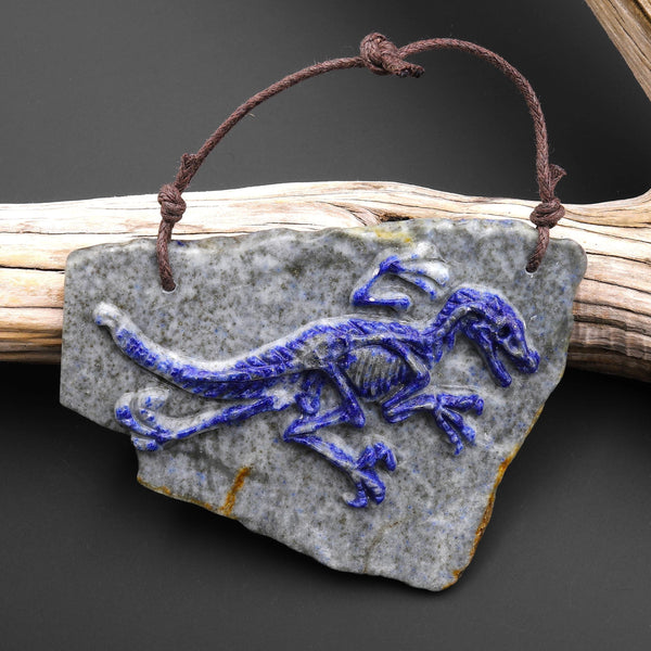 Hand Carved One-of-Kind Natural Blue Lapis Dinosaur Dragon 2 Hole Pendant A5