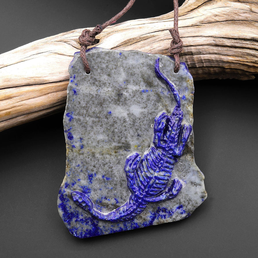 Hand Carved One-of-Kind Natural Blue Lapis Dinosaur Dragon 2 Hole Pendant A6