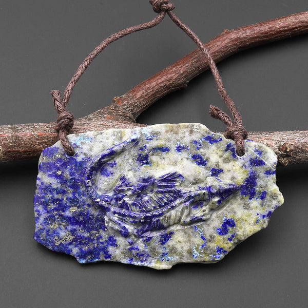 Hand Carved One-of-Kind Natural Blue Lapis Dinosaur Dragon 2 Hole Pendant A10