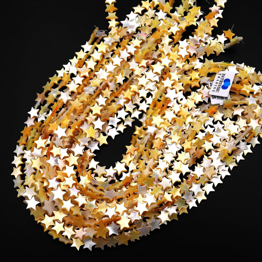 AAA Iridescent Hand Carved Natural Golden Yellow Mother of Pearl Star Beads 6mm 8mm 10mm 15.5" Strand