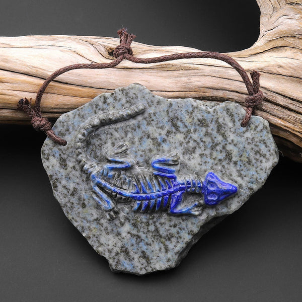 Hand Carved One-of-Kind Natural Blue Lapis Dinosaur Dragon 2 Hole Pendant A18