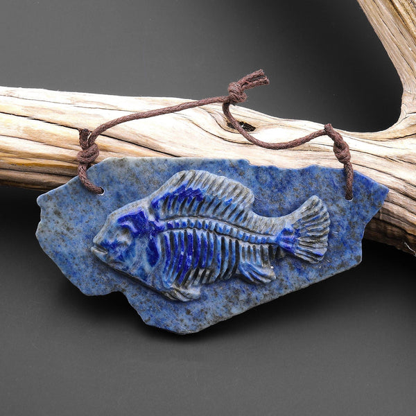 Hand Carved One-of-Kind Natural Blue Lapis Fish 2 Hole Pendant A22