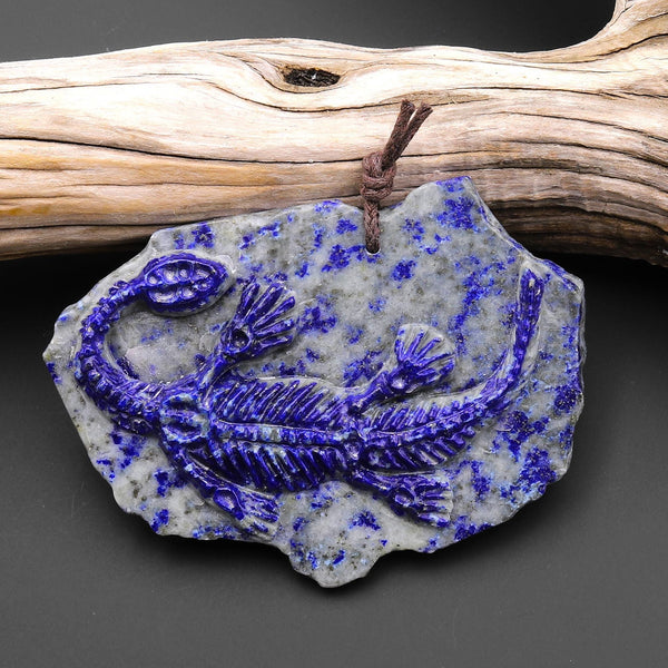 Hand Carved One-of-Kind Natural Blue Lapis Dinosaur Dragon Pendant A24