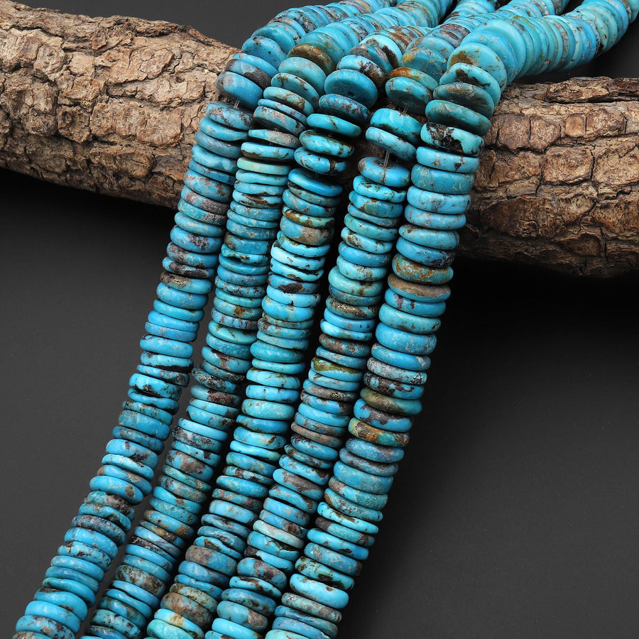 Genuine Natural Arizona Blue Turquoise Heishi Beads 10mm 12mm Thin Rondelle 15.5" Strand