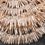 AAA Thin Fine Natural Freshwater Peach Biwa Top Side Drilled Stick Pearl 15.5" Strand