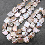 Large Natural Metallic Peach Pink Apricot Biwa Square Freshwater Pearl Beads 15.5" Strand