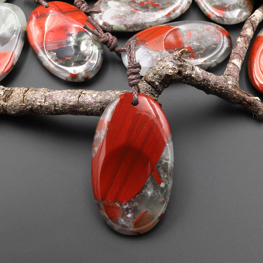 Natural African Bloodstone Pendant Indented Oval Focal Worry Stone Bead