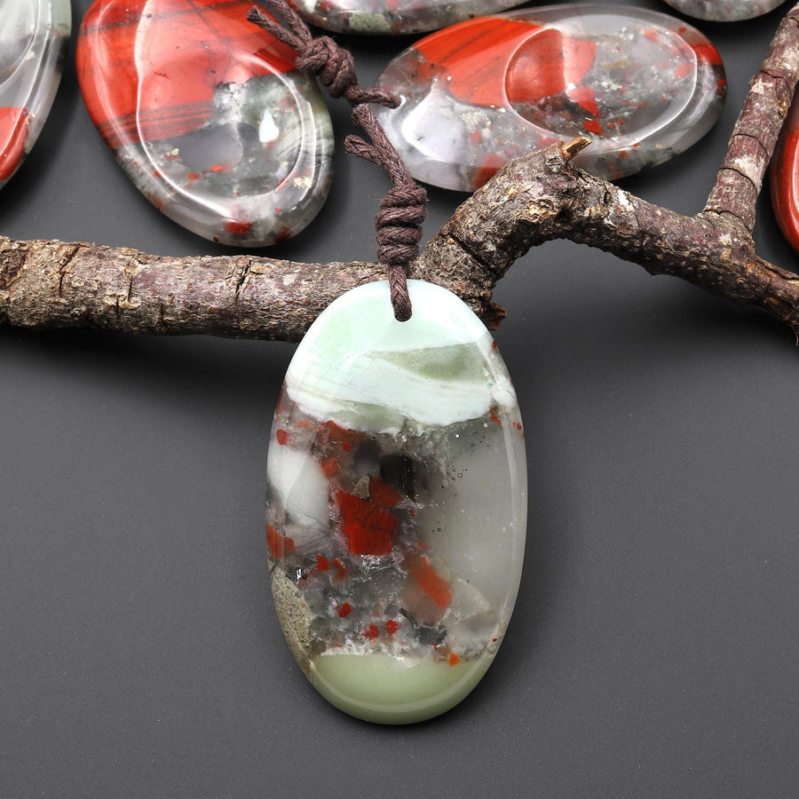 Natural African Bloodstone Pendant Indented Oval Focal Worry Stone Bead A3