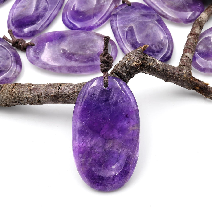 Natural Purple Amethyst Pendant Indented Oval Focal Worry Stone Bead