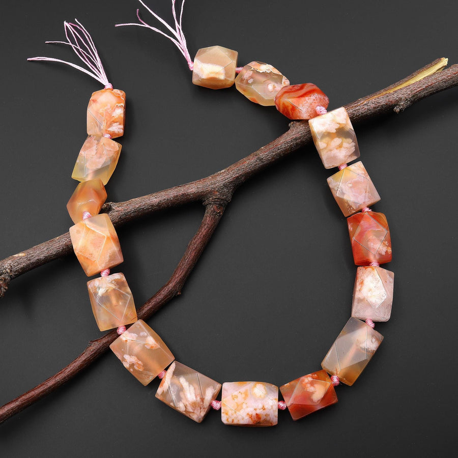 Faceted AAA Natural Cherry Blossom Agate Rectangle Square Beads Aka Flower Agate 15.5" Strand A1