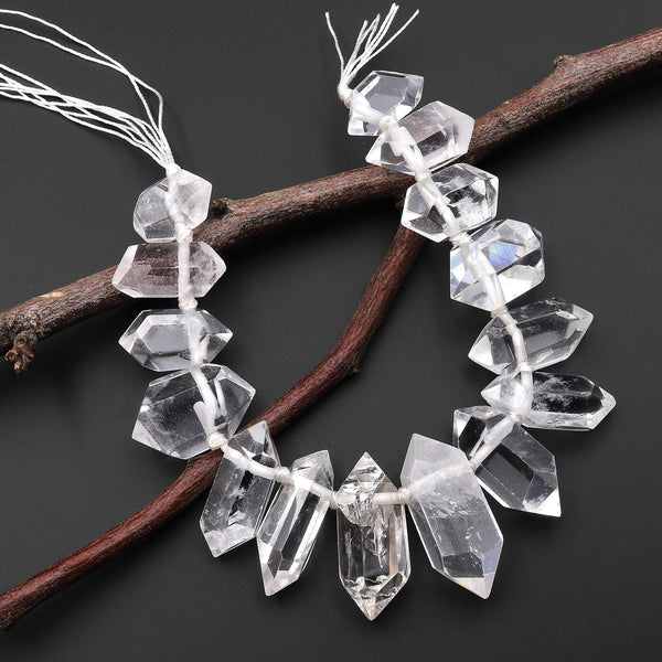 AAA Natural Rock Crystal Quartz Beads Faceted Double Terminated Points Side Drilled Focal Stone 8" Strand A1