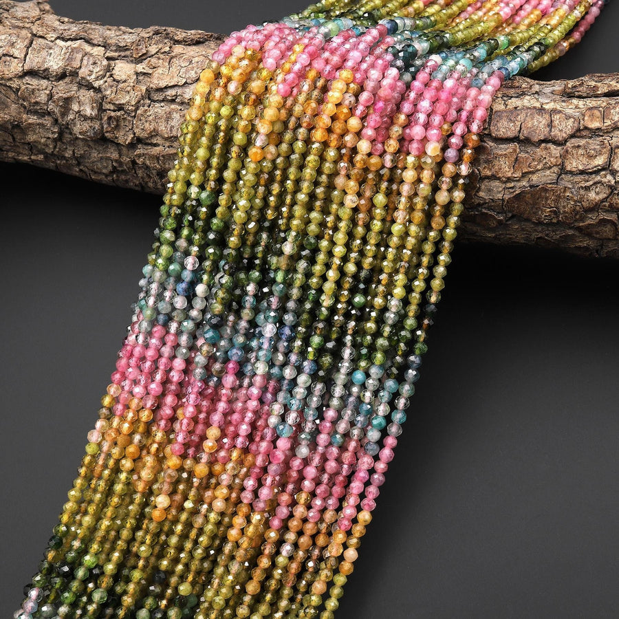 AAA Faceted Natural Tourmaline 3mm Round Multicolor Pink Blue Golden Yellow Green Gemstone Beads 15.5" Strand