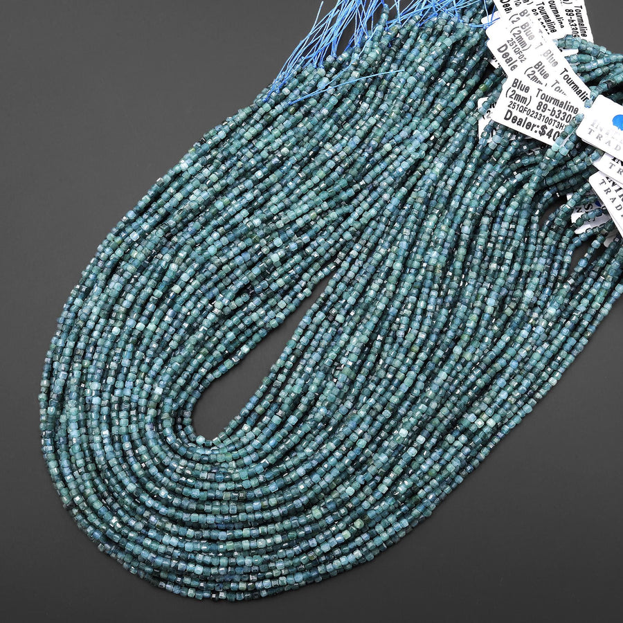 AAA Natural Paraiba Blue Tourmaline Faceted 2mm Cube Beads Indicolite Genuine Gemstone 15.5" Strand