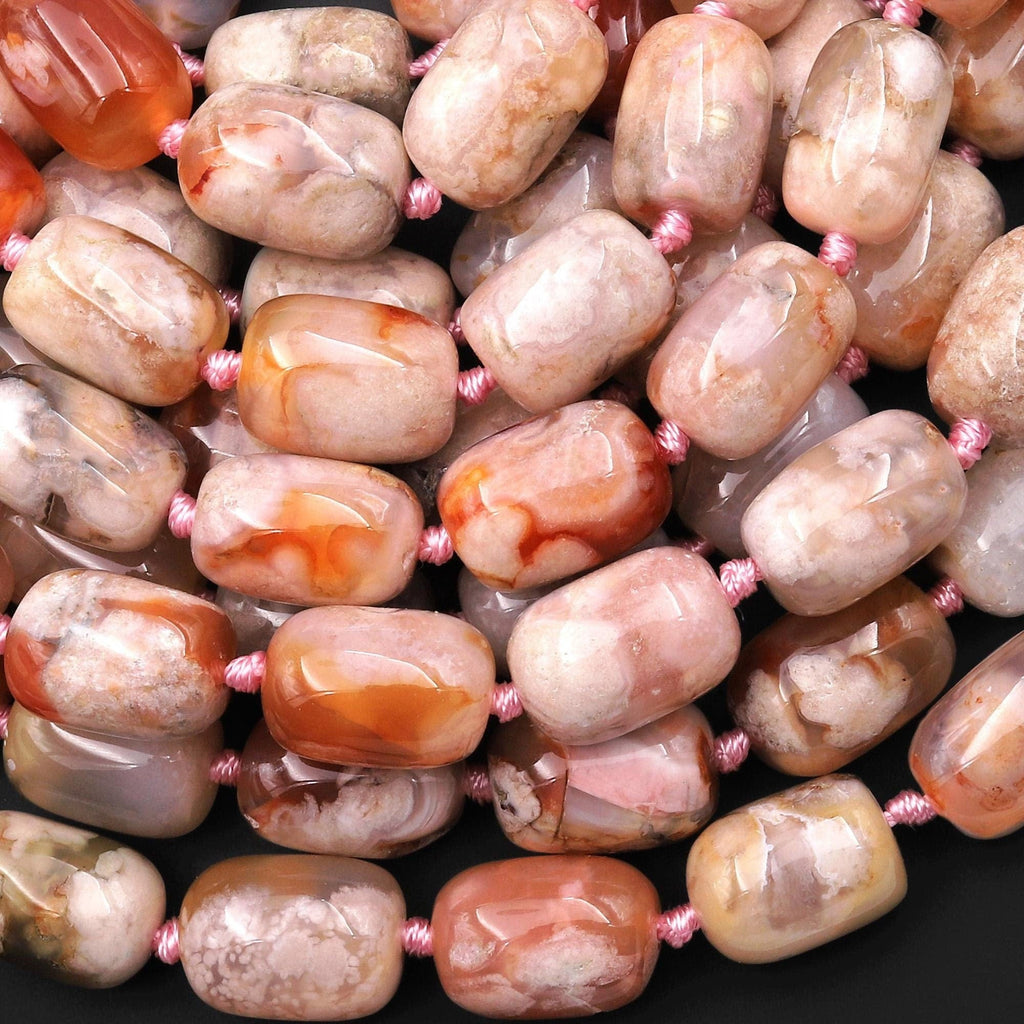 Natural Cherry Blossom Agate Barrel 10x16mm Drum Beads Aka Flower Agate 15.5" Strand