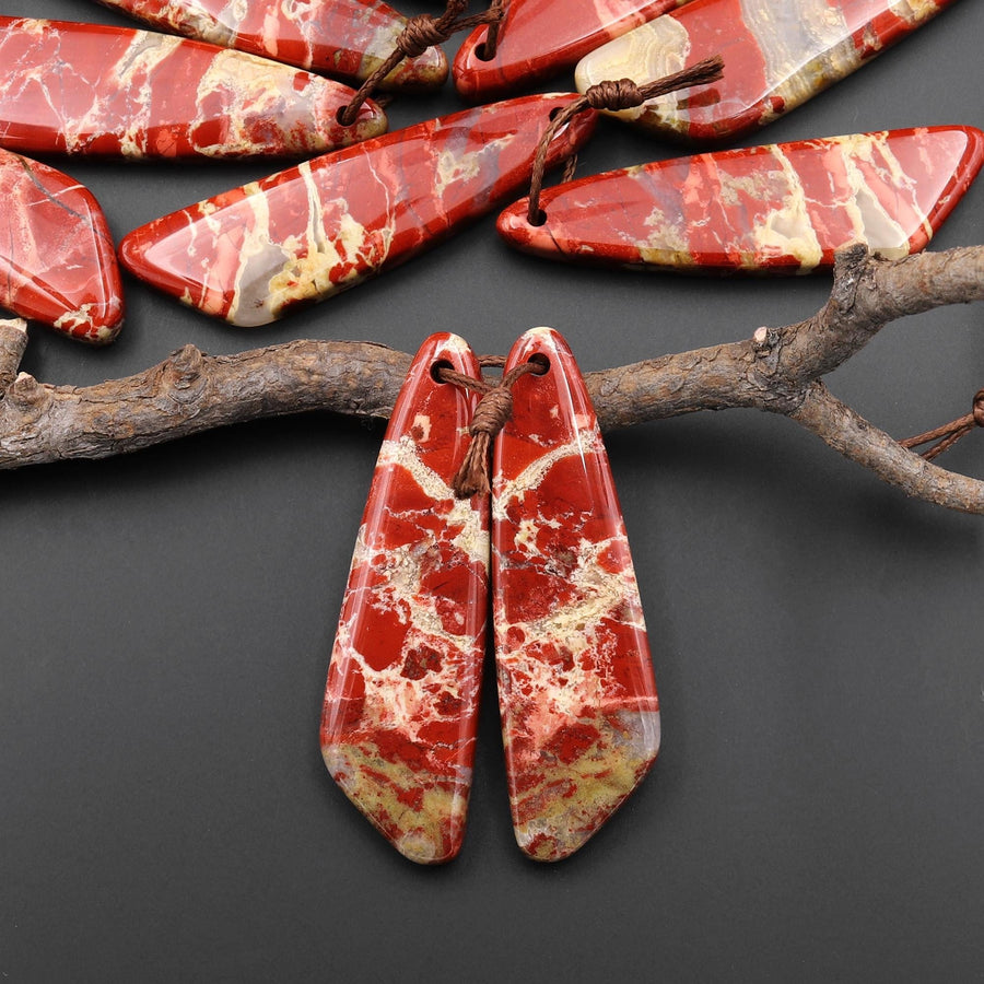 Natural Red River Jasper Abstract Butterfly Wing Earring Pair Drilled Matched Gemstone Beads A1