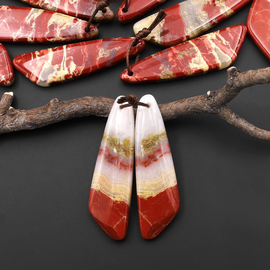 Natural Red River Jasper Abstract Butterfly Wing Earring Pair Drilled Matched Gemstone Beads A4