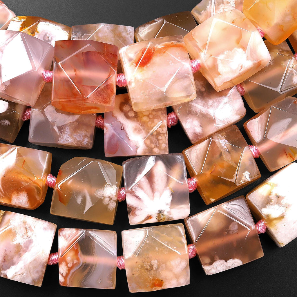 Faceted AAA Natural Cherry Blossom Agate Square Beads Aka Flower Agate 15.5" Strand