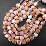 Faceted AAA Natural Cherry Blossom Agate Square Beads Aka Flower Agate 15.5" Strand