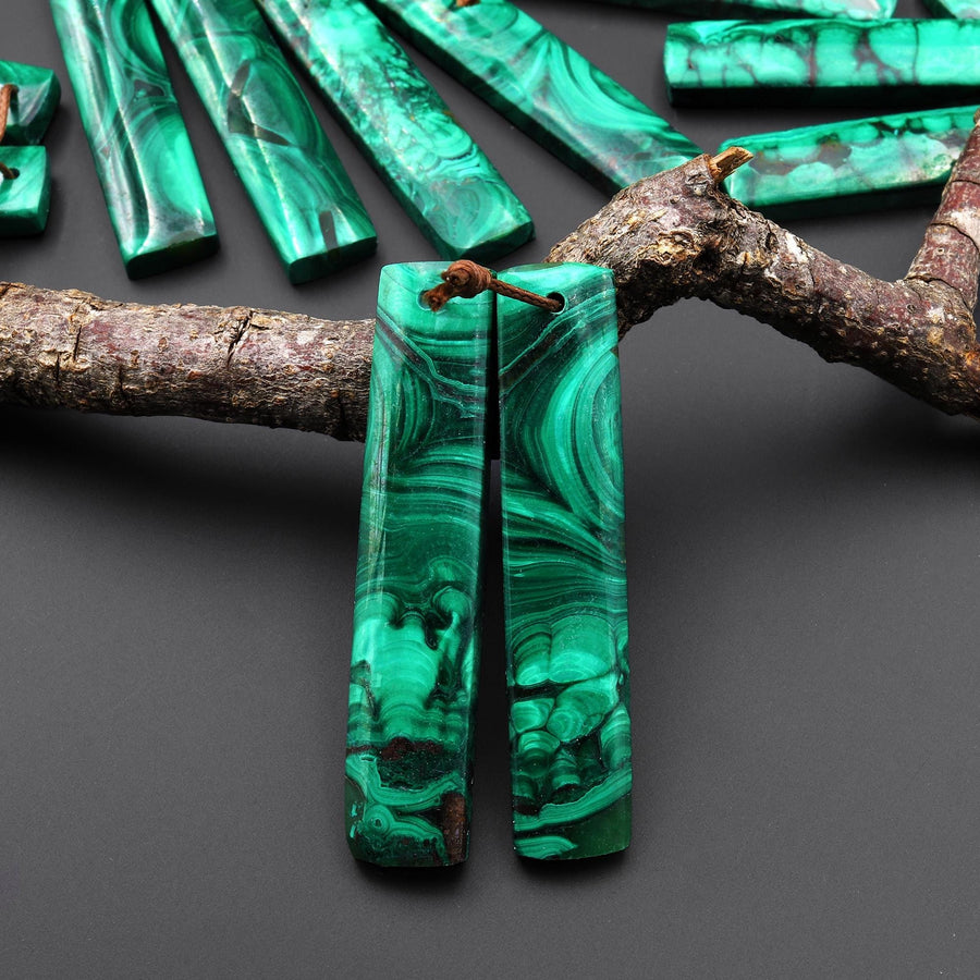 Natural Malachite Earring Rectangle Pair Drilled Matched Gemstone Beads