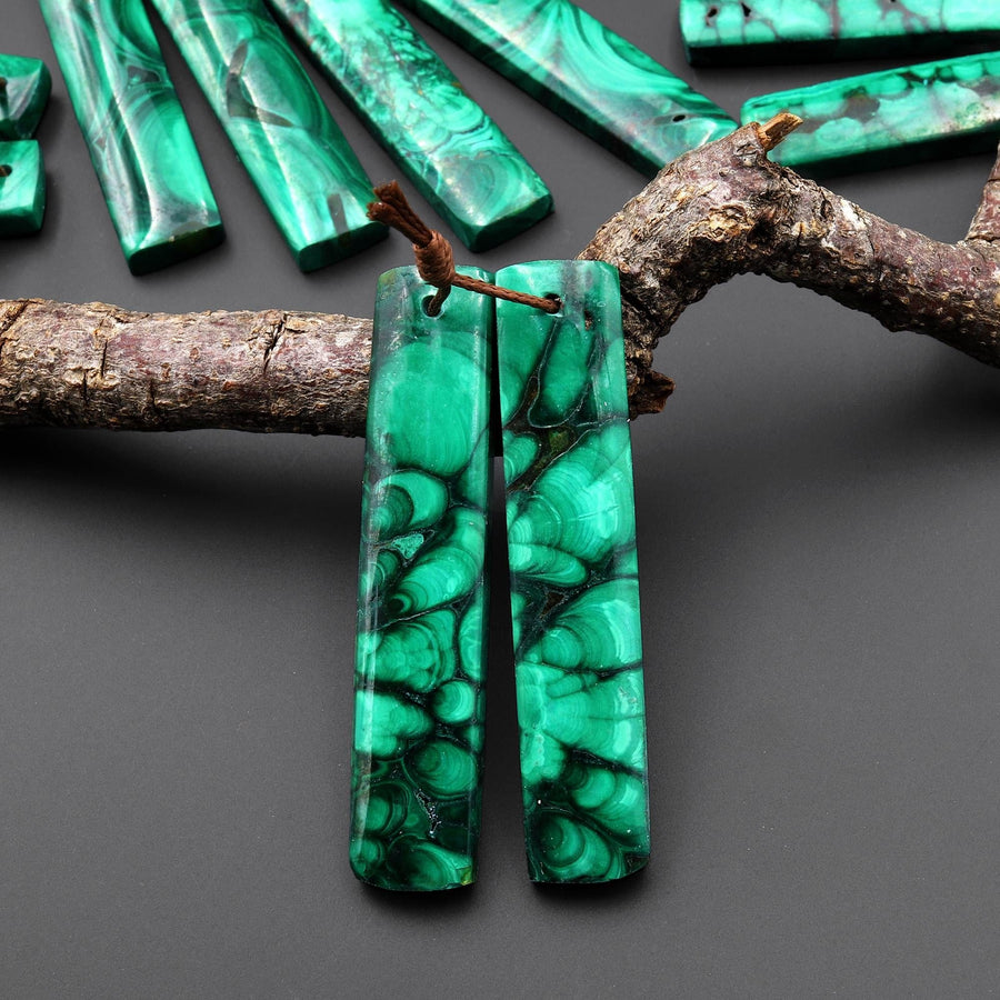 Natural Malachite Earring Rectangle Pair Drilled Matched Gemstone Beads A6
