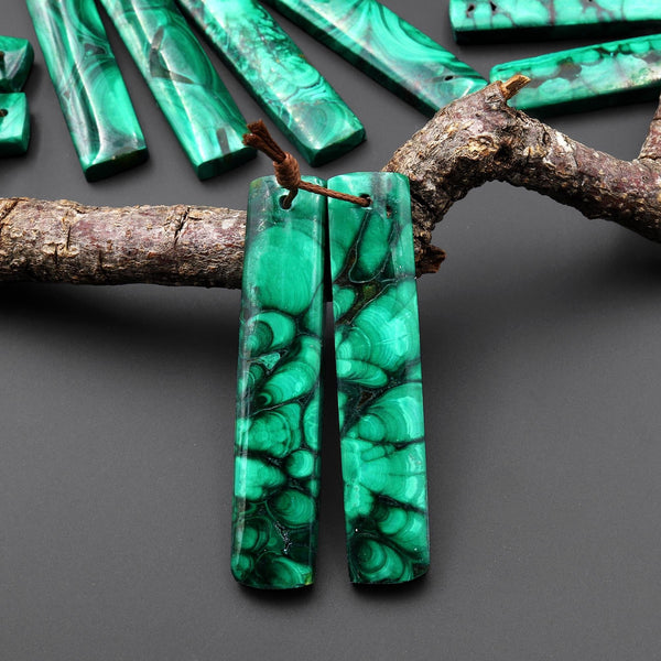 Natural Malachite Earring Rectangle Pair Drilled Matched Gemstone Beads A6