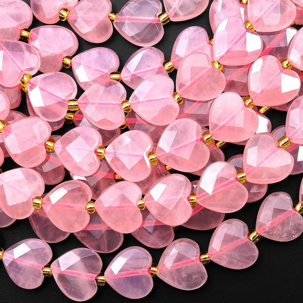 Faceted Natural Pink Rose Quartz Heart Beads 12mm Gemstone 15.5" Strand