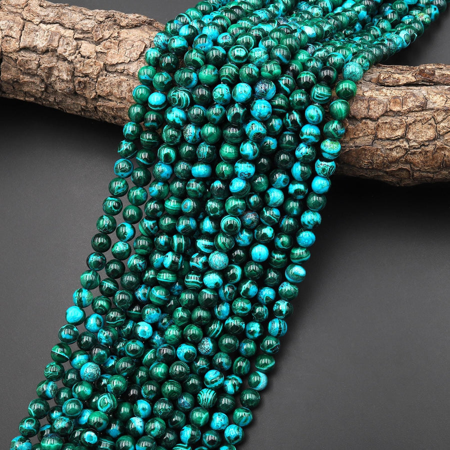 Extremely Rare Natural Blue Chrysocolla Green Malachite 6mm Smooth Round Beads 15.5" Strand